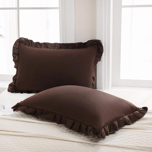 Merryword Dark Brown Pillow Shams Chocolate Queen Pillowcases Cute Pillow Cover Set of 2 Soft Shabby Chic Ruffled Pillowcases 2 Pack (Queen (20''x30''), Chocolate)