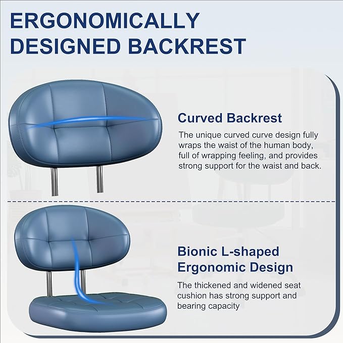 Misolant Vanity Chair with Back, Small Armless Cute Office Chair with Wheels and Lumbar Support, Comfy PU Leather Desk Computer Chairs with Adjustable Height, 360° Swivel for Home Bedroom, Navy Blue