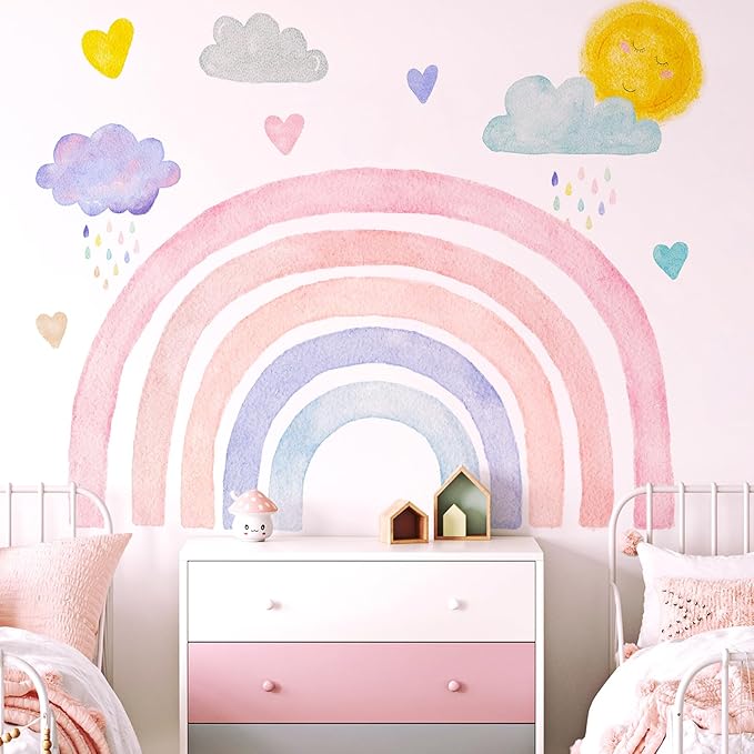 Large Boho Rainbow Wall Decals, Clouds Sun Hearts Peel and Stick Fabric Nursery Wall Decor, Removable Home Room Wall Decor Murals Stickers for Kids Girls Toddler Bedroom Living Room Playroom
