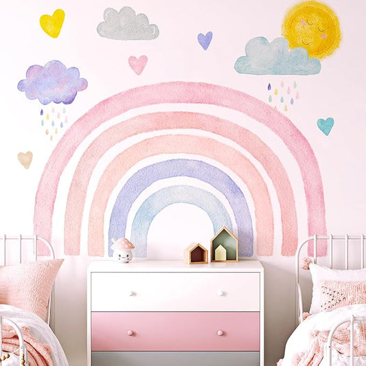Large Boho Rainbow Wall Decals, Clouds Sun Hearts Peel and Stick Fabric Nursery Wall Decor, Removable Home Room Wall Decor Murals Stickers for Kids Girls Toddler Bedroom Living Room Playroom