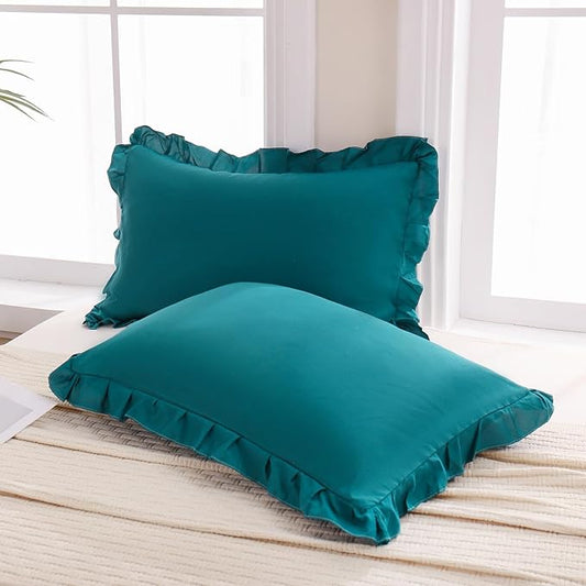 Merryword Teal Blue Pillow Ruffled Shams Blue King Pillowcases Cute Pillow Cover Set of 2 Soft Shabby Chic Pillowcases 2 Pack (King (20''x36''), Teal Blue)