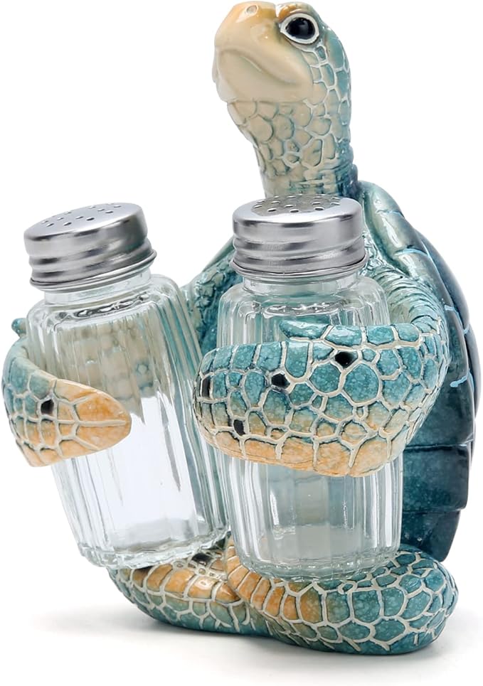 Hodao ocean animals indoor home decorations sea turtle decorative figurines kitchen organization and storage-Ocean Theme kitchen decor salt and pepper shakers holder set ocean animal gifts (Turtle)