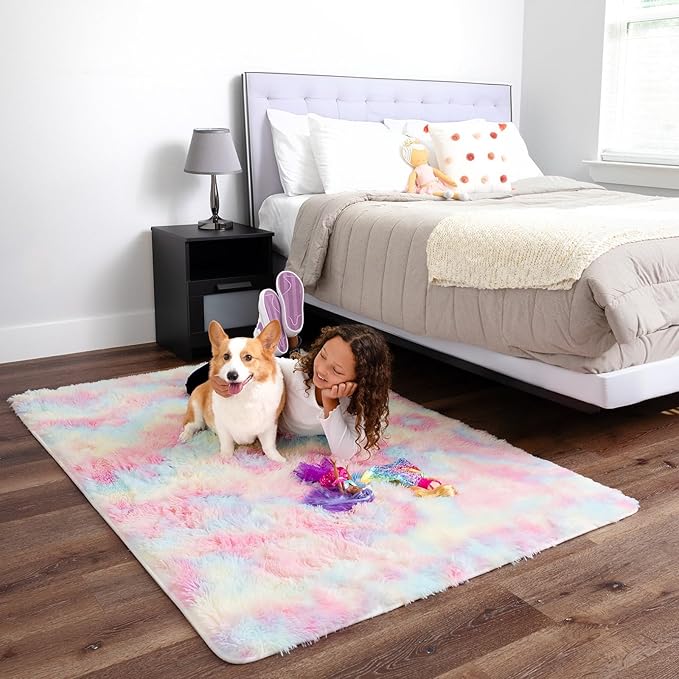 Ophanie Rainbow Rug for Bedroom Girls, Unicorn Colorful Fluffy Soft Cute Fuzzy Area Rugs, Shag Plush Shaggy Bedside Floor 4x6 Furry Carpet for Kids Baby Teen Dorm Nursery Home Decor Aesthetic