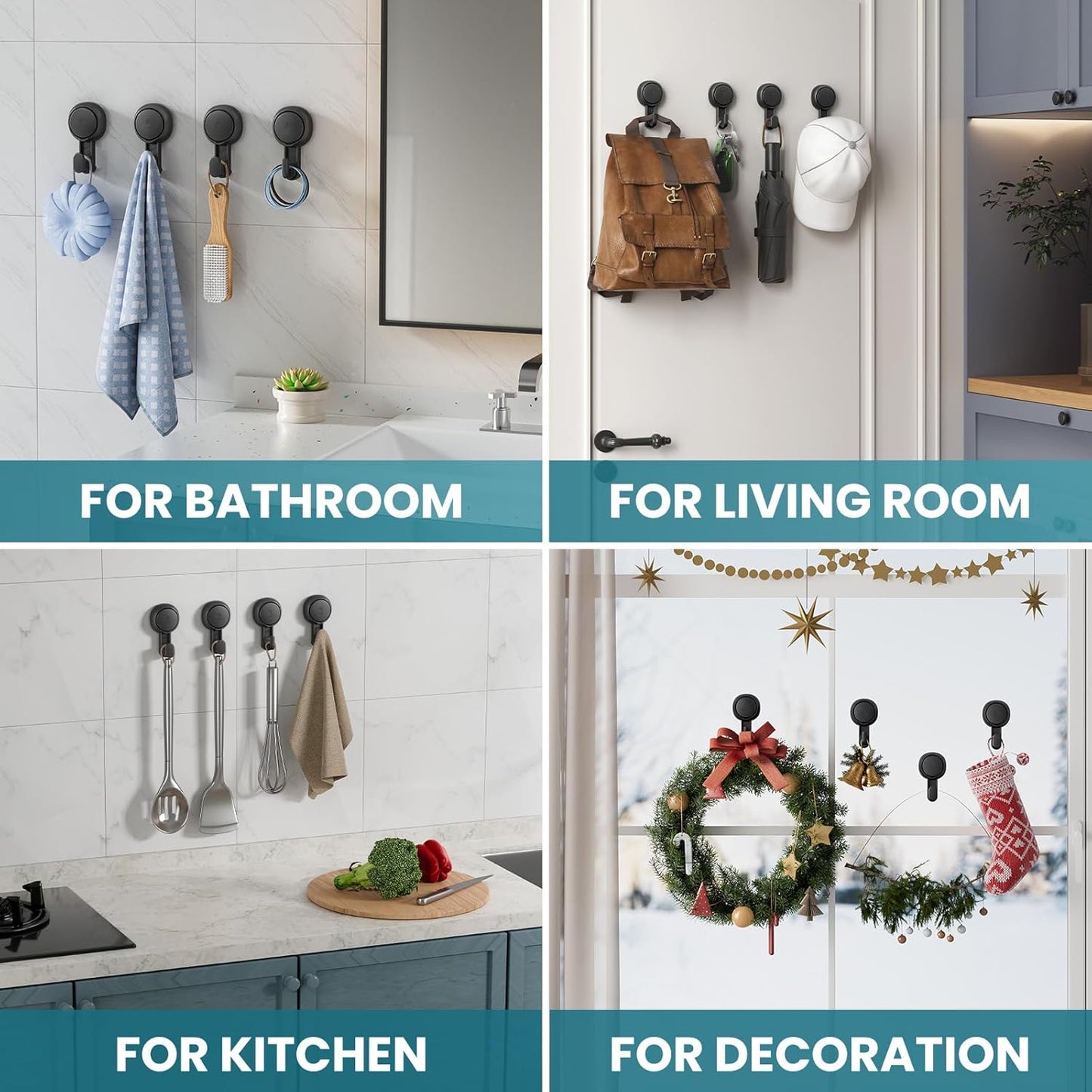 TAILI 4 Pack 360° Rotatable Powerful Suction Cup Shower Hooks for Towel, Loofah, Damage-free Hanging Versatile Wall Hooks for Inside Bathroom, Decoration, Removable Suction Holders, Easy to Use, Black