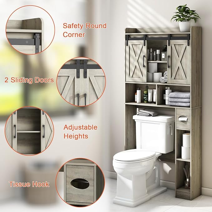 Over The Toilet Storage Cabinet, Farmhouse Storage Cabinet Over Toilet with Sliding Door& Toilet Paper Holder Stand，Home Space-Saving Toilet Rack, for Bathroom, Restroom, Laundry