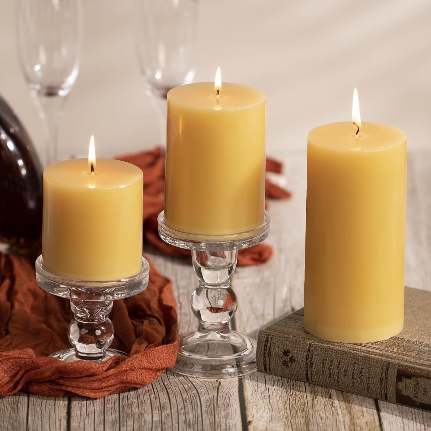 KONNI Mustard Yellow Pillar Candles Set of 3, 3"x 6" Unscented Pillar Candles Bulk, 56 Hours Long Burning Candles, Smokeless&Dripless Large Round Candle for Wedding, Home Decoration, Parties