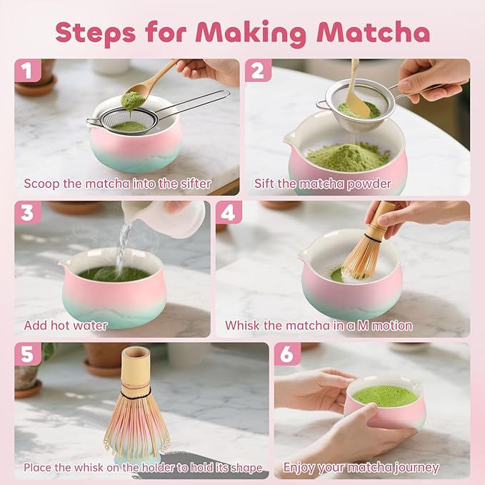 Matcha Whisk Set, Matcha Kit 7 Pcs Includes Bowl, Whisk and Holder, Bamboo Scoop, Scoop Rest, Sifter and Tea Towel, Matcha Kit Set for Tea Ceremony