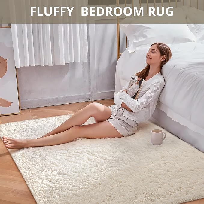 Ophanie Area Rugs for Living Room Bedroom, Upgrade Non-Slip Fluffy Soft Ivory Shag Carpet, Indoor Floor 4x6 Fuzzy Shaggy Living Room Plush Nursery Rug for Kids Home Dorm Decor Aesthetic