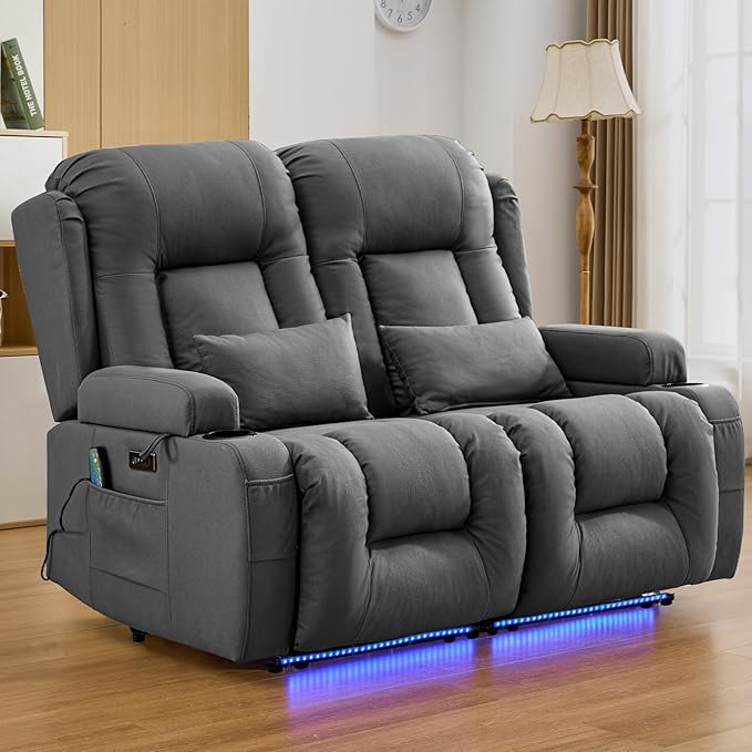 IPKIG 54" Power Reclining Loveseat Sofa, Electric Home Theater Seating with 4 Colors Ambient Lighting/USB Ports/Cup Holders for Living Room, Bedroom, Home, RVs(Dark Grey, 2 Seater)
