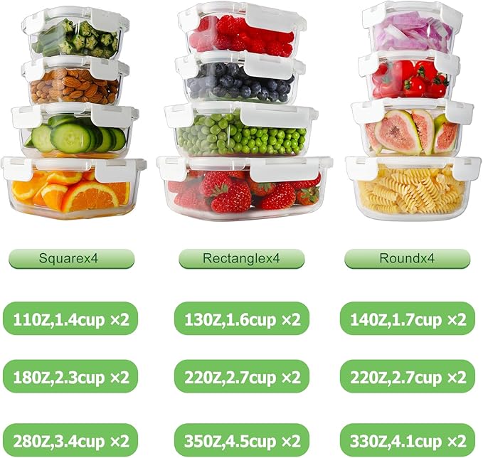 HOMBERKING 24pc Glass Food Storage Containers with Lids, Glass Meal Prep Containers with Leak Proof Snap Lock Lids, Airtight Bento Lunch Boxes, Kitchen Storage (12 lids & 12 Containers) - White
