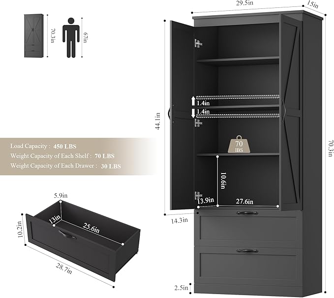 HOSTACK 70" Tall Kitchen Pantry Storage, Barn Doors Pantry Cabinet with Drawers and Adjustable Shelf, Modern Farmhouse Storage Cabinet for Kitchen, Dining Room, Living Room, Bathroom, Black