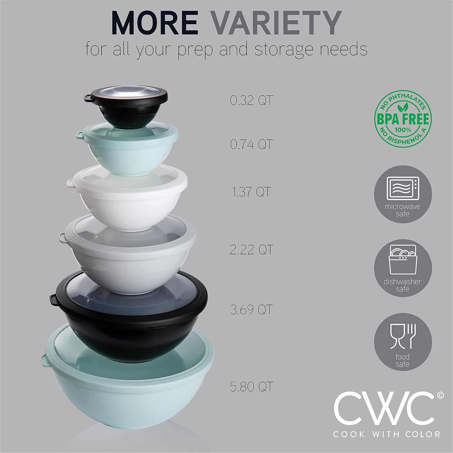 COOK WITH COLOR Mixing Bowls with TPR Lids - 12 Piece Plastic Nesting Bowls Set includes 6 Prep Bowls and 6 Lids, Microwave Safe Mixing Bowl Set (Mint)