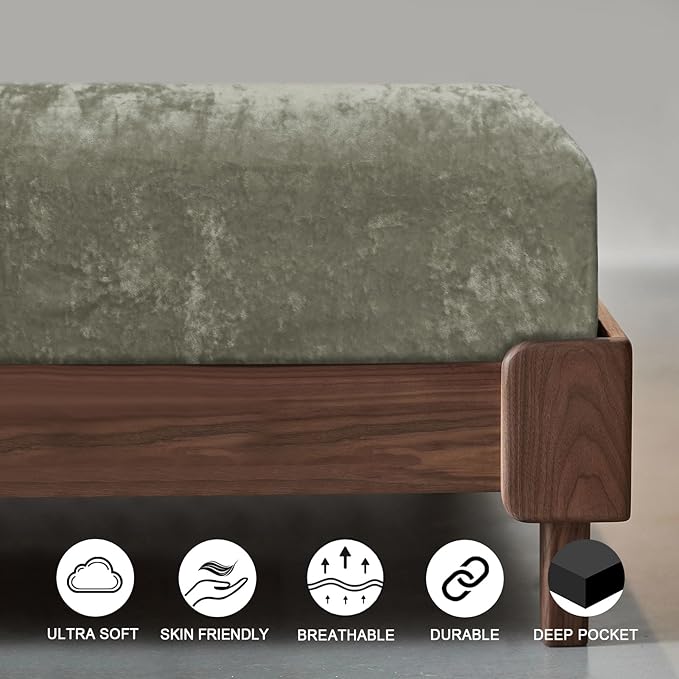 PHF Truly Velvet Fitted Sheet Only Queen Size, Luxury Super Soft Cozy Fuzzy Fleece Bottom Sheet, Deep Pocket Up to 16",Suitable for Fall Winter Spring, No Pillowcases, Smokey Olive