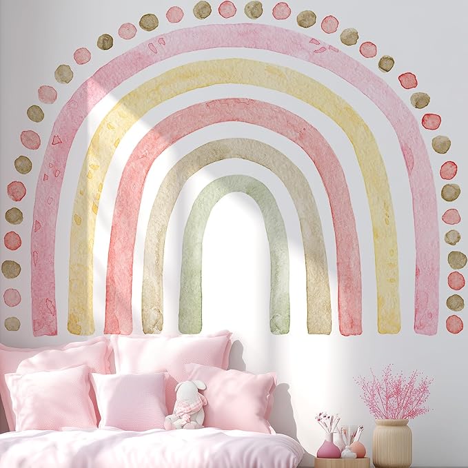 Large Pink Rainbow Wall Decals, Boho Dots Peel and Stick Fabric Nursery Wall Decor, Removable Home Room Wall Decor Murals Stickers for Kids Girls Toddler Bedroom Living Room Playroom
