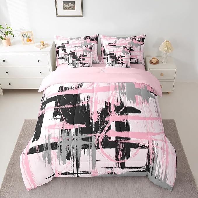 Pink Grey Black Comforter Set Full Size Kids Abstract Art Comforter for Boys Modern Striped Art 7 Pieces Bedding Set Geometric Duvet Set Room Decor Quilt Set
