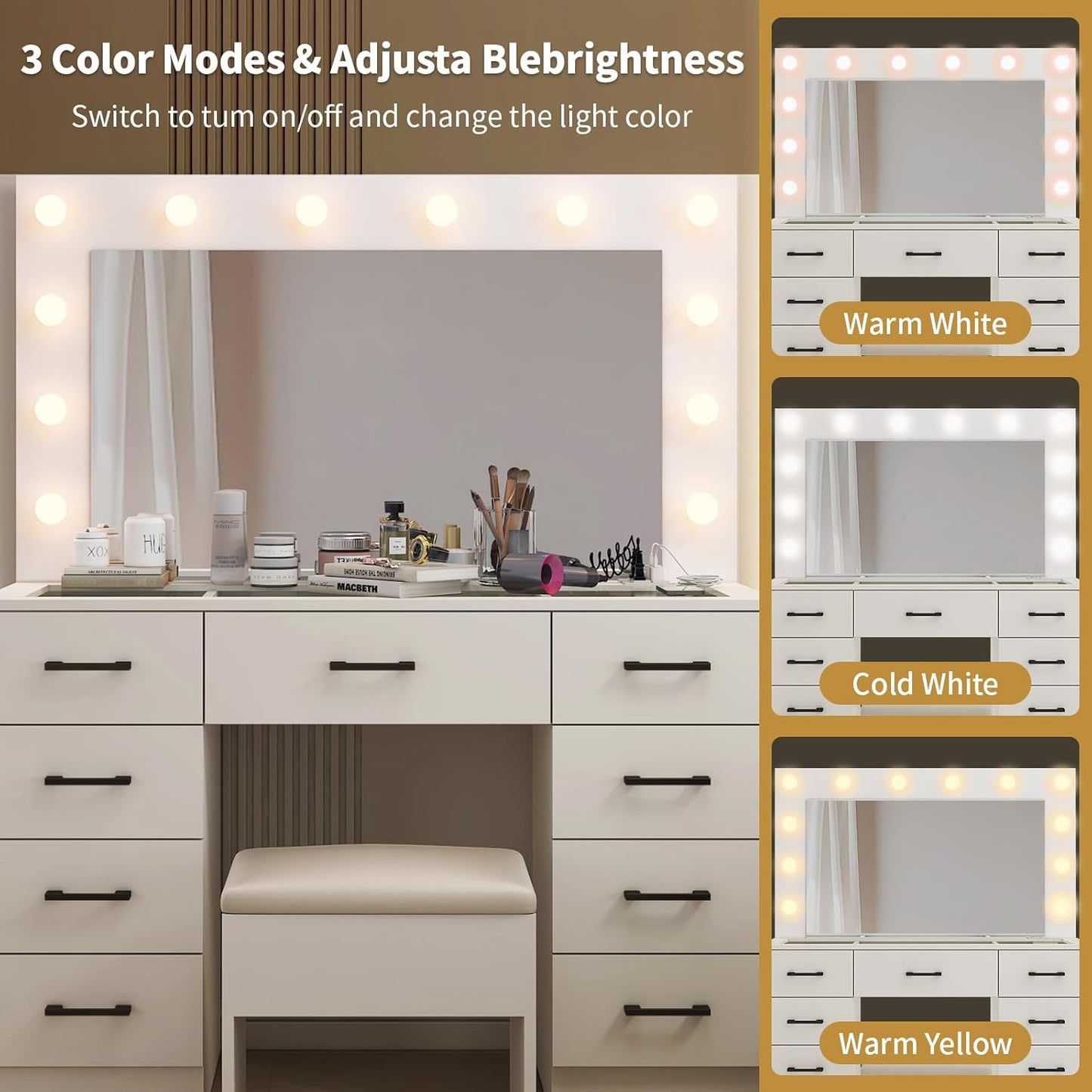 Karl home Vanity Desk with Large Lighted Mirror & Powre Outlet, Glass Tabletop Makeup Vanity Set with 9 Drawers, 45.3" Vanity Table with 3 Color Lighting Modes, Dressing Table for Women Girls, White