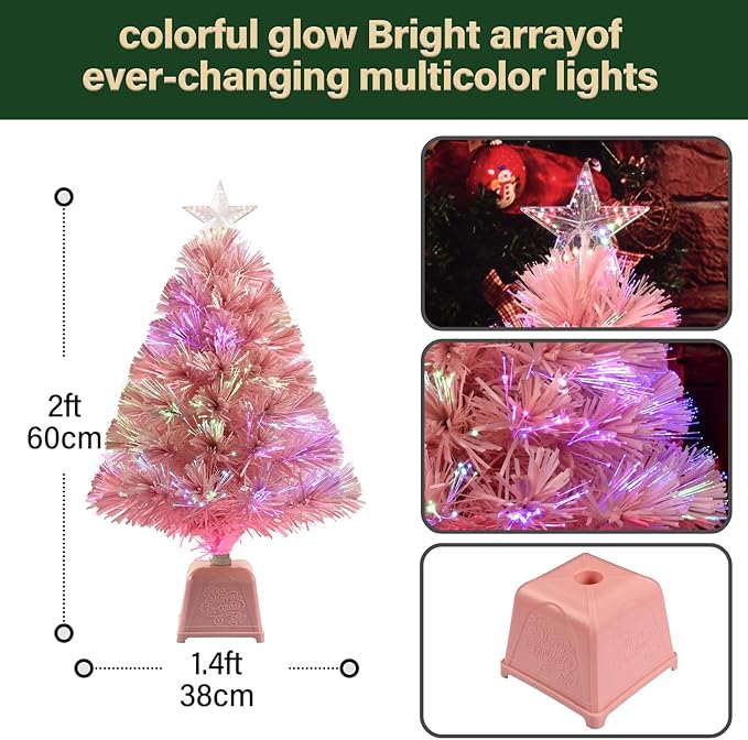 24inch Pink Fiber Optic Christmas Tree,Pre-Lit Artificial Mini Christmas Tree, Tabletop Small Xmas Tree with Stars Holiday Home Decorations