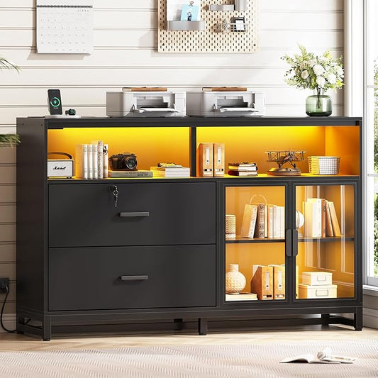 SEDETA 59" File Cabinet, 2 Drawers Filing Cabinets for Home Office fit Legal/Letter/A4 File, File Cabinet with Lock & Power Outlets, Printer Stand with Storage & LED Lights, Black