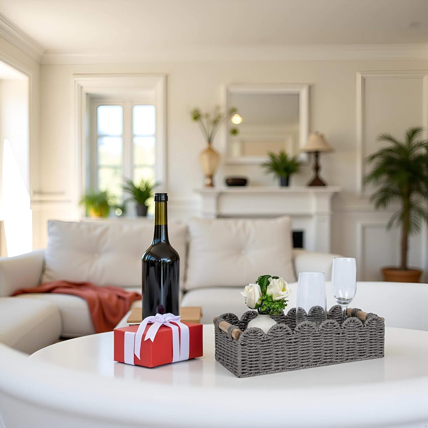 CubesLand Scalloped Edge Toilet Paper Storage Basket, Living Room Home Cozy Decor Basket, Paper Rope Small Baskets for Over Toilet Storage Shelf, End Table, Shelves, with 2 Wooden Handles, Grey