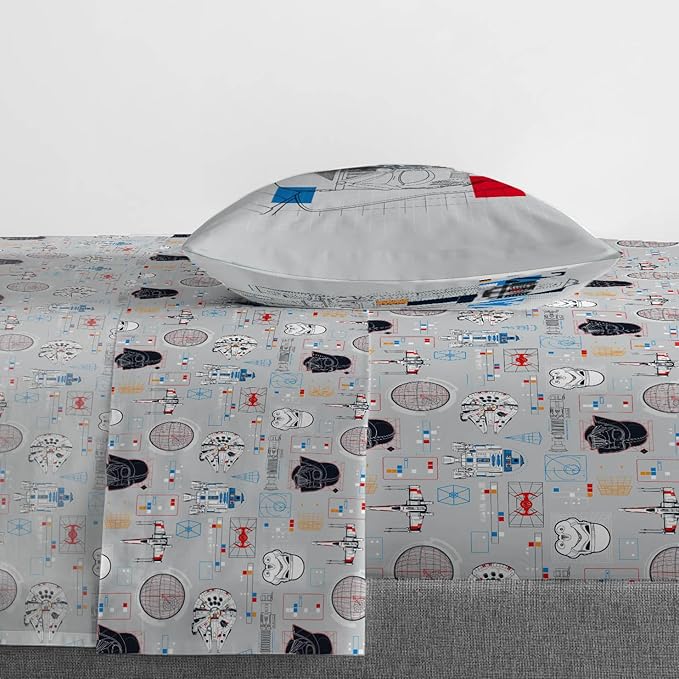 Jay Franco Kids Sheet Set with Fitted, Flat Sheets & Pillow Cover - Ultra-Soft Bedding with Pillowcase for Room Decor, Gray - Star Wars, 3 Piece Twin