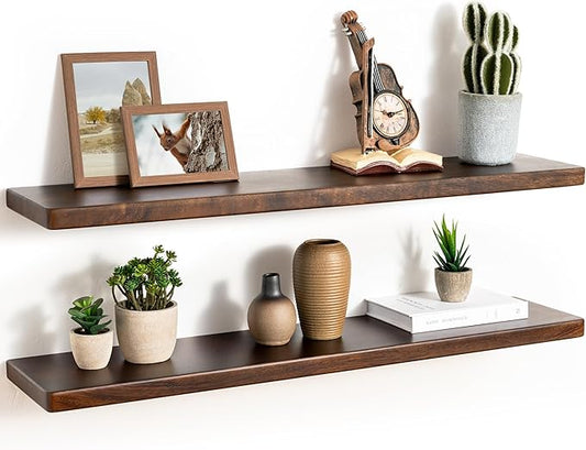 36" Rustic Walnut Wood Floating Shelves, 8 Inch Deep Wall Shelves for Home Decor, Wall Mounted Floating Shelf with Invisible Bracket, Heavy-Duty Storagefor Living Room, Bedroom, Kitchen, Set of 2