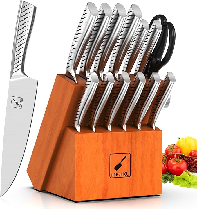 imarku Knife Set,14-Piece Knife Sets for kitchen with block,Premium One-Piece Kitchen Knife Set with Sharpener,High Carbon Stainless Steel Knives Set for Kitchen,Silver,Dishwasher Safe
