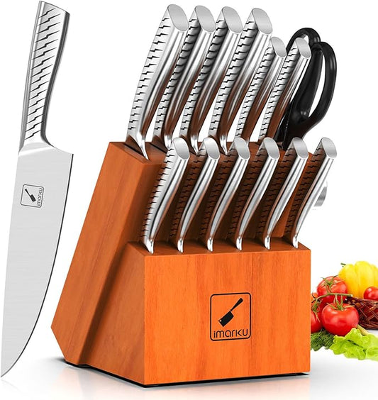 imarku Knife Set,14-Piece Knife Sets for kitchen with block,Premium One-Piece Kitchen Knife Set with Sharpener,High Carbon Stainless Steel Knives Set for Kitchen,Silver,Dishwasher Safe