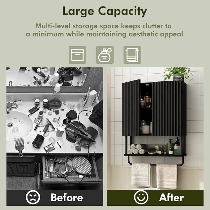 RUSTOWN Fluted Bathroom Wall Cabinet with 2 Doors, 3-Tier Modern Farmhouse Medicine Cabinet, Over The Toilet Storage Cabinet with Adjustable Shelf and Towel Bar (Black, Medium)
