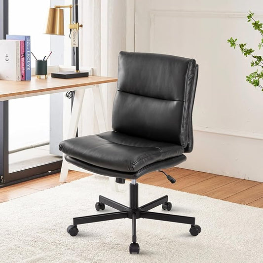 LUCKWIND Armless Office Desk Chair with Wheels, Mid-Back Criss Cross Swivel Task Chair, Height Adjustable Cushioned Vanity Chair, Double Padded PU-Leather Chairs for Home, Office & Bedroom (Black)