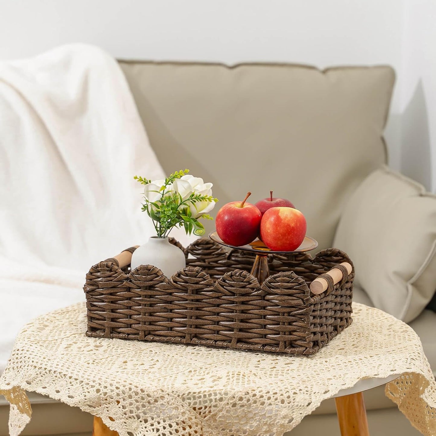 CubesLand PP Wicker Scalloped Edge Floating Shelves Baskets, Toilet Paper Basket for Over Toilet Storage Shelf, Ending Table, Cabinet Organizing and Home Décor, Rattan Basket with Wood Handle,Brown