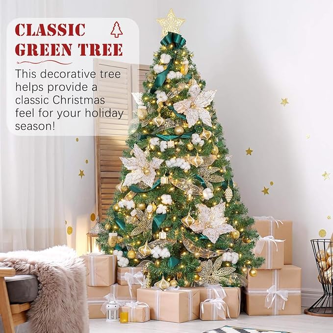 5FT Pre-Lit Green Christmas Tree, Small Artificial Holiday Fir Xmas Tree with 600 PVC Branch Tips, 200 Warm Lights, Foldable Base for Home, Party Decoration