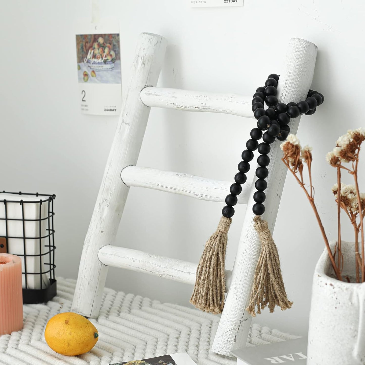 FUIN Fully Assembled Wooden Tea Towel Ladder, Mini Ladder Towel Rack Display Hanger, Small Rustic Farmhouse Tea Towel Stand Holder for Country Bathroom Decor, White