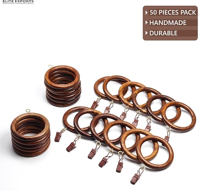 50 Pcs Curtain Rings with Clips Wooden, 3 inch for 1.5-2 inch Rod, Window Shower Curtain Hooks, Wood Curtain Rod Wood Curtain Rings with Eyelet, Drapery Rings, (50, 2.2 INCH Inner Dia)