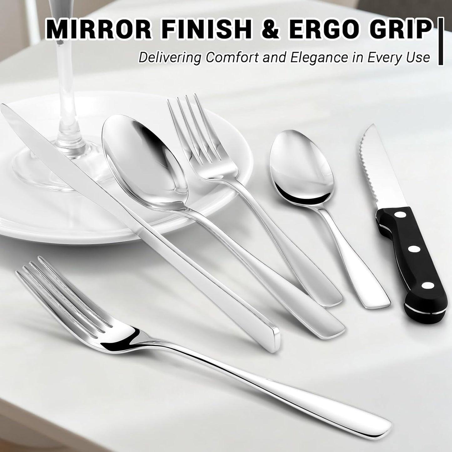 BEWOS 72-Pieces Silverware Set for 12 - Stainless Steel Flatware Set with Mirror Polish, Cutlery Set Including Steak Knives, Forks and Spoons, Dishwasher Safe for Restaurant (Silver)