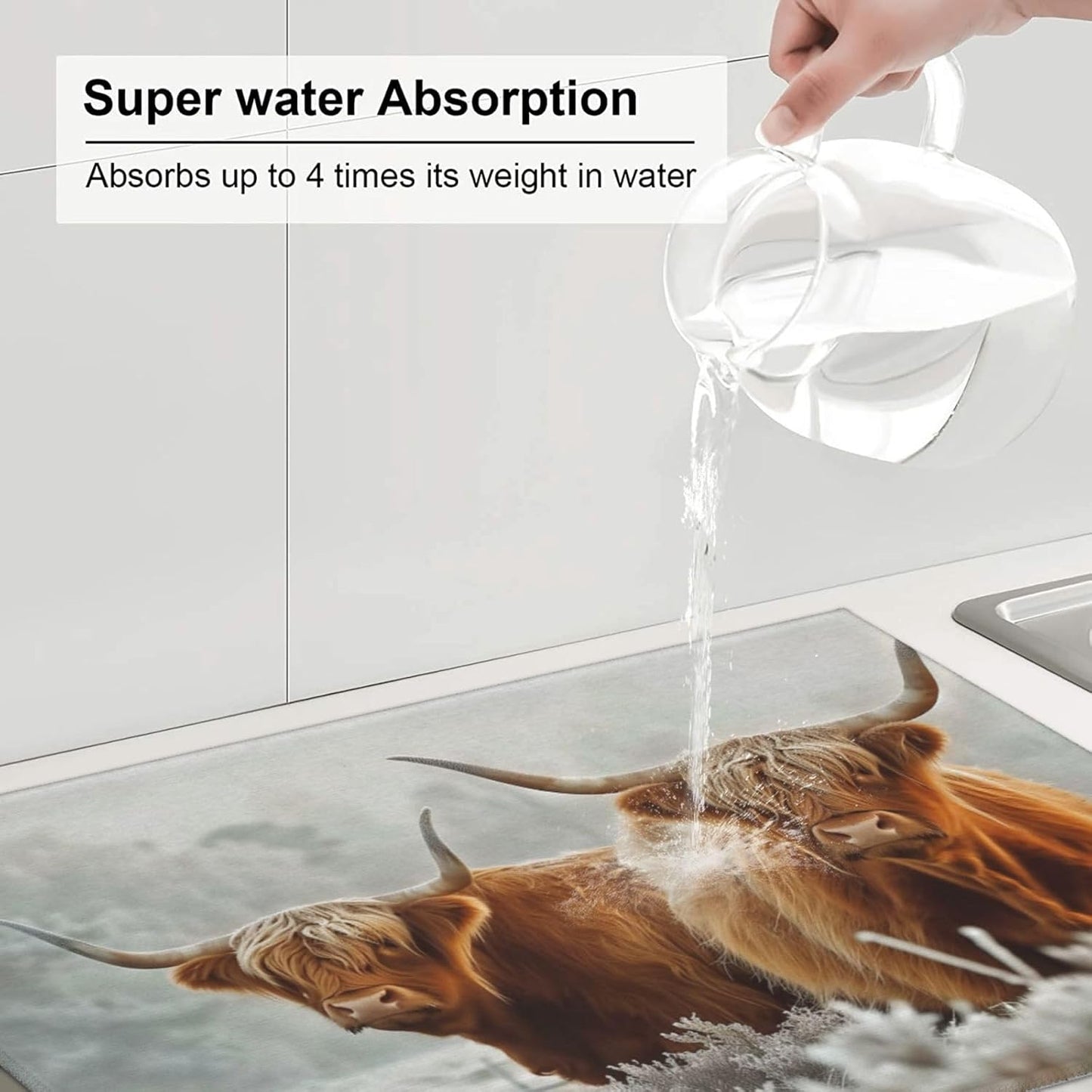 Highland Cow Dish Drying Mat 18x24 For Kitchen Counter Absorbent Microfiber Dishes Pad Dish Drainer Rack Mats Fast Dry Kitchen Accessories