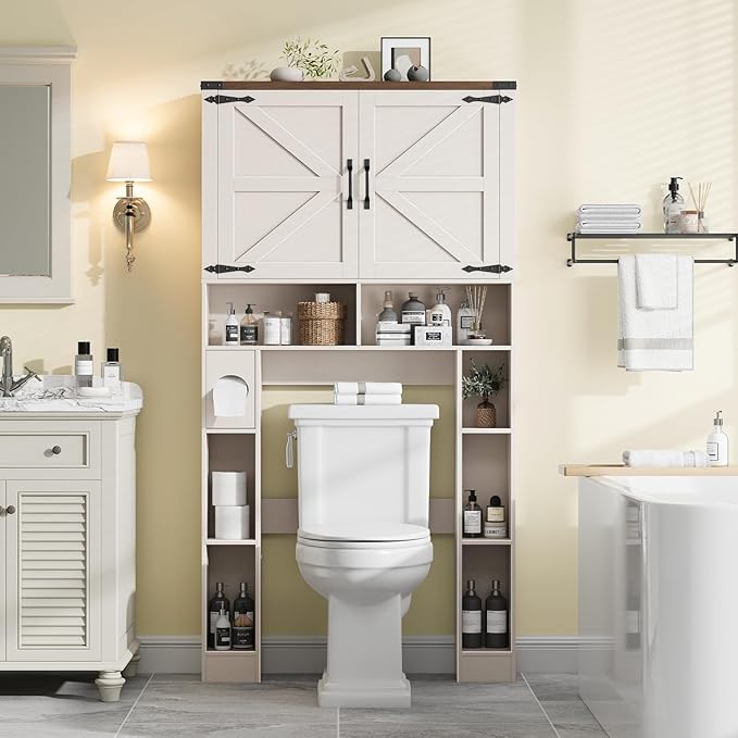 Over The Toilet Storage Cabinet, Farmhouse Storage Cabinet Over Toilet with 2 Barn Doors ，Toilet Paper Holder Stand，Home Space-Saving Toilet Rack, for Laundry, Restroom, Bathroom