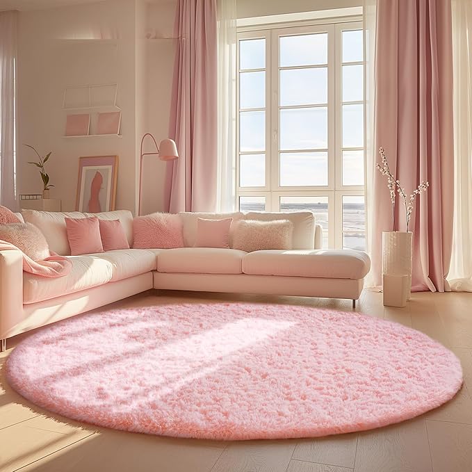 Ophanie Round Rugs 8Ft Pink Circle Area Rug, Fluffy Fuzzy Bedroom Carpet, Plush Soft Shaggy Indoor Floor Kawaii Living Room Rugs for Kids, Cute Room Decor for Teen Girls Home Decor Aesthetic, Nursery