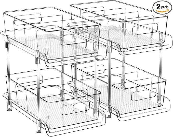 HIHEGD 2-Tier Bathroom Organizer with Dividers, Clear Under Sink and Pull-Out Cabinet Organizer for Kitchen and Pantry Storage