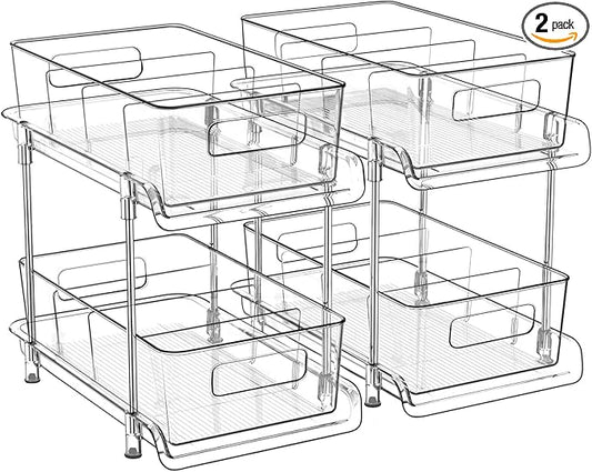 HIHEGD 2-Tier Bathroom Organizer with Dividers, Clear Under Sink and Pull-Out Cabinet Organizer for Kitchen and Pantry Storage