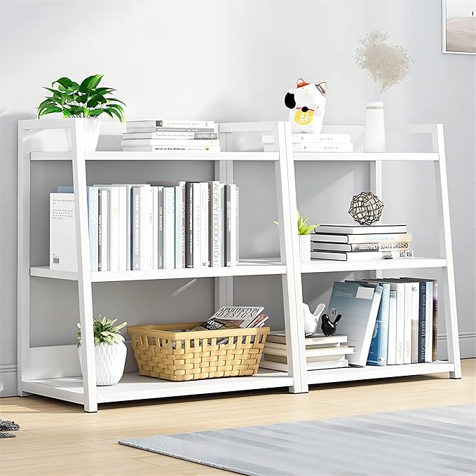 IOTXY 3 Tier Open Bookshelf - Steel and Wood Display Stand, 50CM Width Floor-Standing Bookcase, White