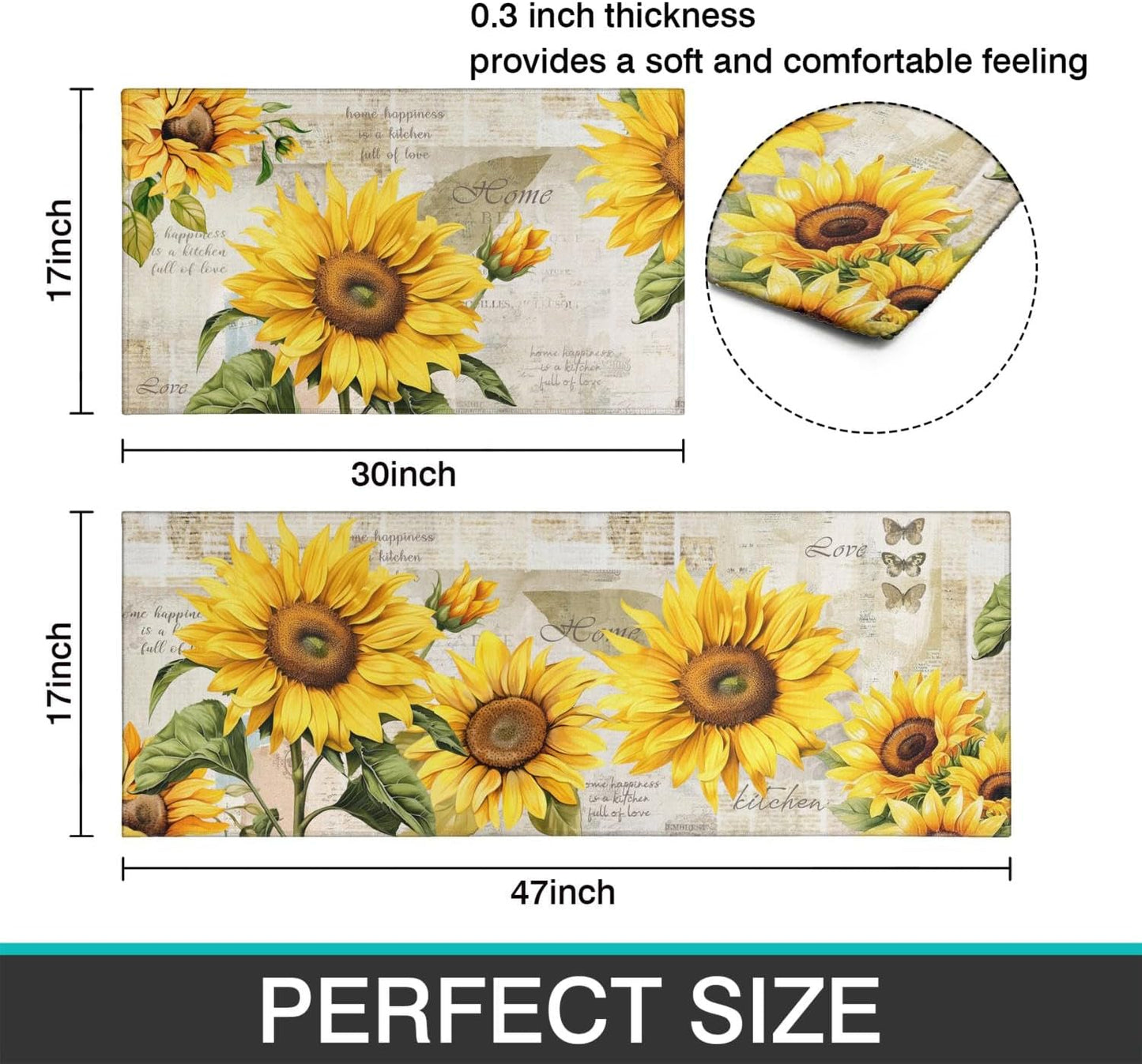 2 Piece Sunflower Kitchen Decor Rugs Set, Farmhouse Country Kitchen Rugs and Mats Non Skid Washable Absorbent Microfiber Kitchen Mats for Floor Mats Accessories Decoration 17"x47"+17"x30"