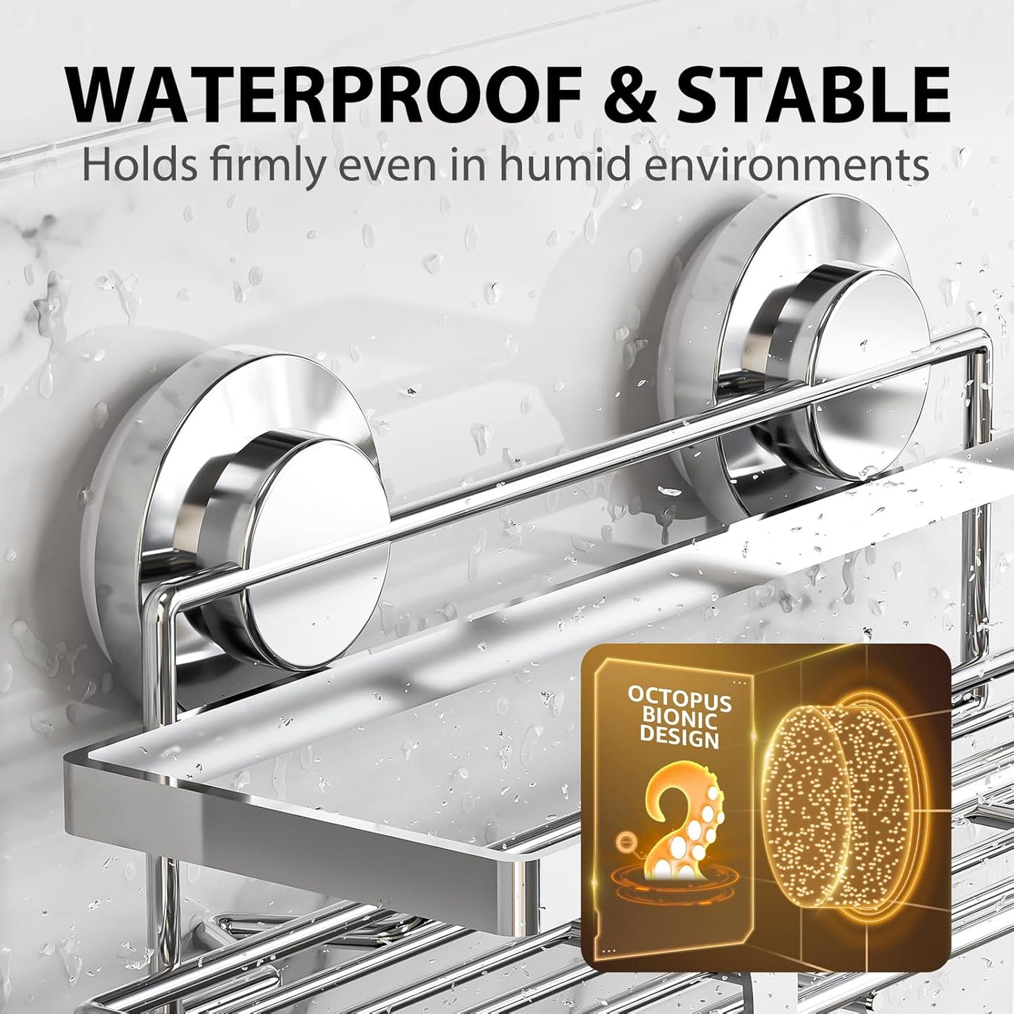 LEVERLOC Shower Caddy Suction Cup, 2 Pack Shower Shelves for Inside, Silver Rustproof Metal Bathroom Storage NO-Drilling Bathroom Organizer with Large Capacity, Heavy Duty Storage Basket