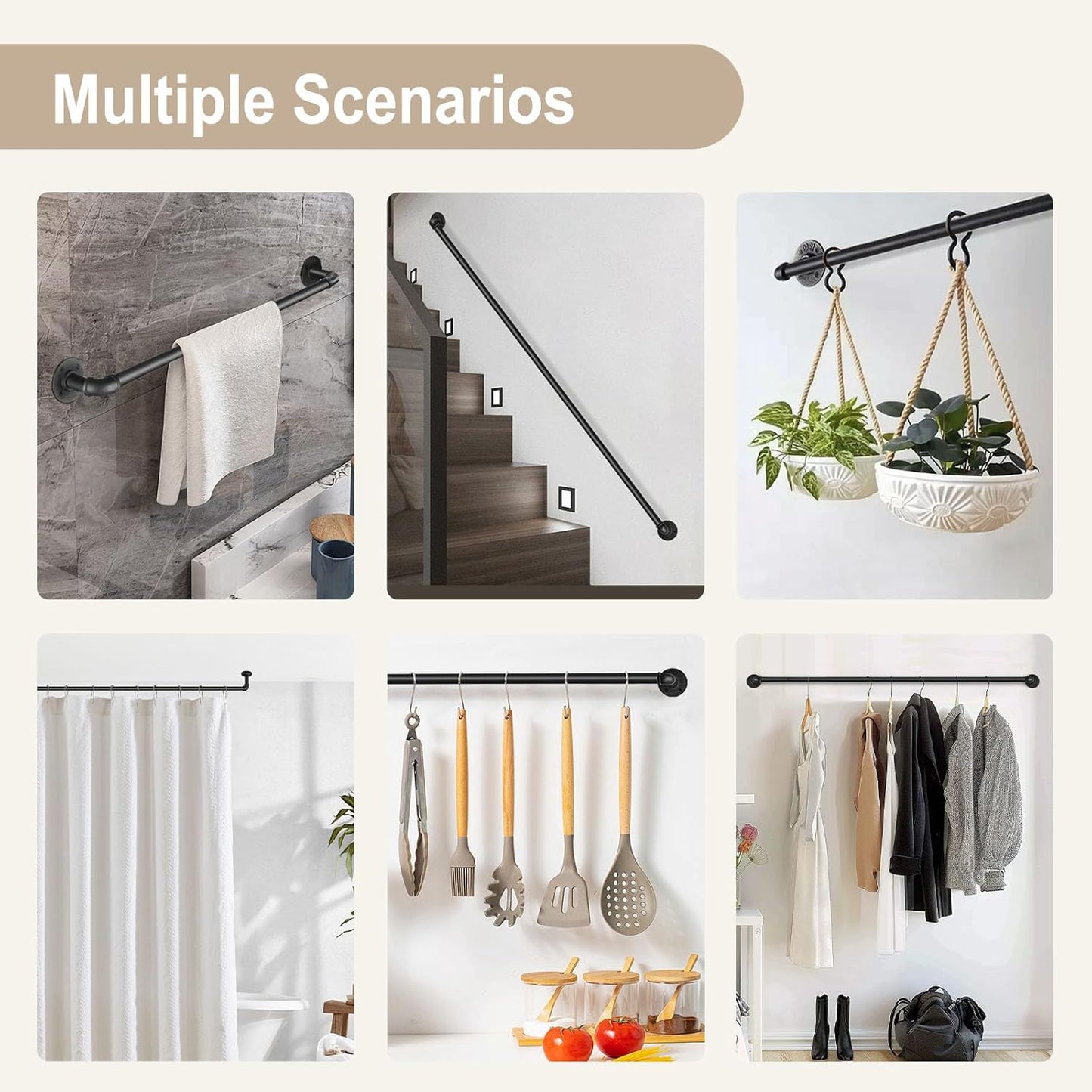 Blackout Industrial Curtain Rods for Windows, 1 Inch Pipe Wrap Around Indoor/Outdoor Room Divider Curtain Rods, 28-48 Inch, Black