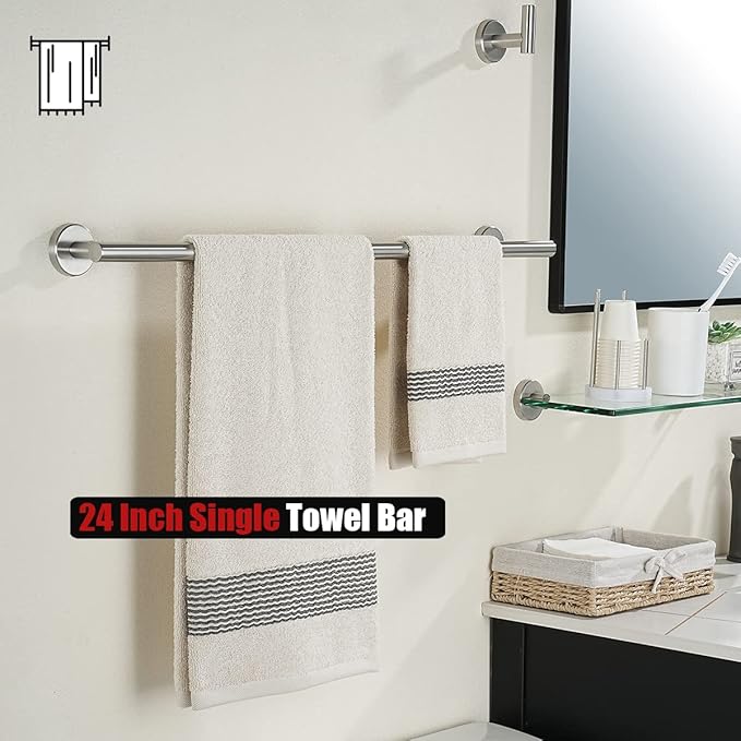 JQK Bath Towel Bar, 27 Inch 304 Stainless Steel Thicken 0.8mm Towel Rack Bathroom, Towel Holder Brushed Finished Wall Mount, Useable Length 24 Inch 2 Pack, TB110L24-BN-P2