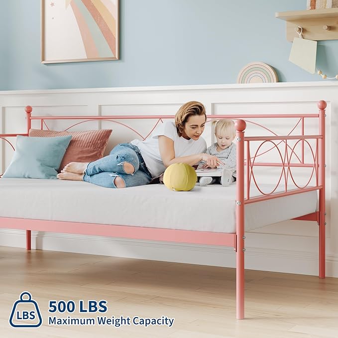 IDEALHOUSE Twin daybed with Trundle, Metal Twin Daybed and Trundle Set, Day Bed Sofa Bed Frame with Steel Slat Support, Multifunctional Daybed Frame for Bedroom (Pink Daybed)