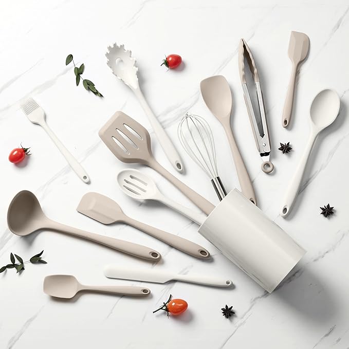 LIANYU Kitchen Utensils Set with Holder, 14 Pcs Silicone Cooking Utensils Spatula Set, Heat Resistant Cookware Tools Includes Spoon Turner Whisk Tong, Dishwasher safe, Khaki White