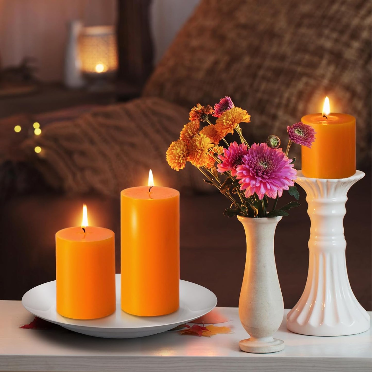 KONNI Orange Pillar Candles Set of 3, 3"x 3" Unscented Pillar Candles Bulk, 30 Hours Long Burning Candles, Smokeless&Dripless Large Round Candle for Wedding, Home Decoration, Parties, Spas, Dinner