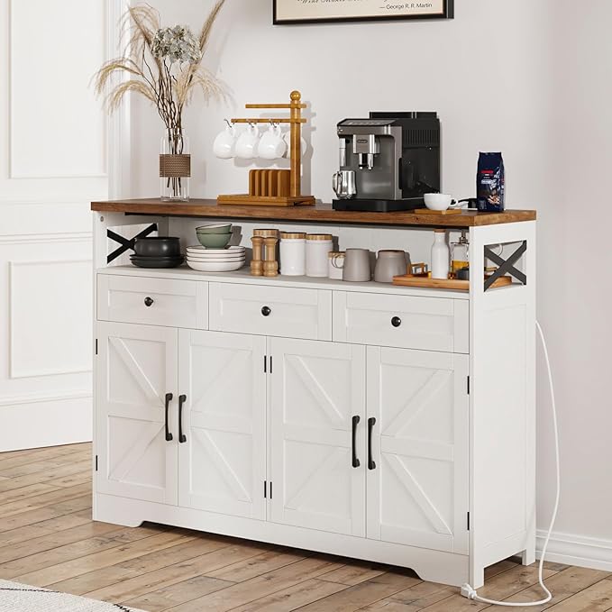 51" Farmhouse Buffet Sideboard Cabinet with Storage, White Kitchen Storage Pantry Cabinet with Drawers, Wood Cupboard Hutch, Coffee Bar Station Table for Kitchen, Living Room, Dining Room