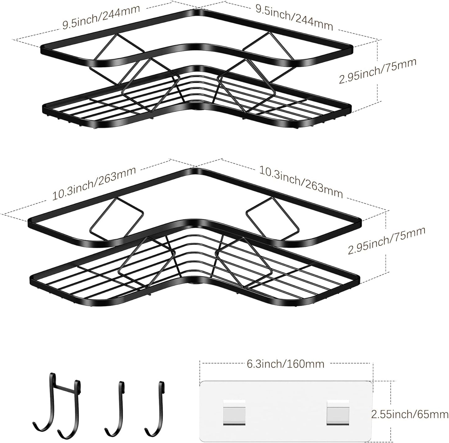 Kadolina Large Corner Shower Caddy, 2 Pack Adhesive Bathroom Shower Organizer Shelves, No Drilling Rustproof Wall Mounted Shower Storage Basket Shampoo Holder Organizer (Black)