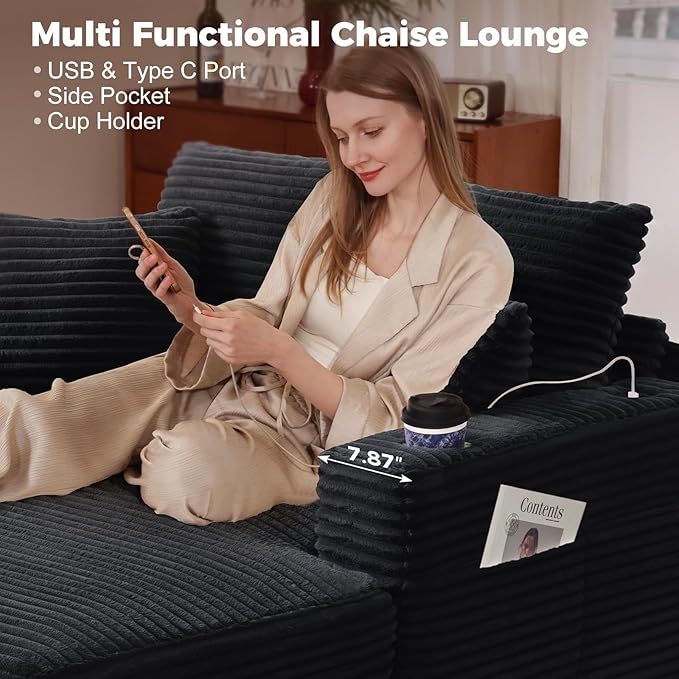 HUSFU 60'' Oversized Chaise Lounge Chair Indoor, Fluffy Plush Faux Fur Upholstered Sleeper Sofa Bed, Chaise Lounge Reading Chairs w/USB&Type C Port, Cozy Lazy Couch for Living Room, Black